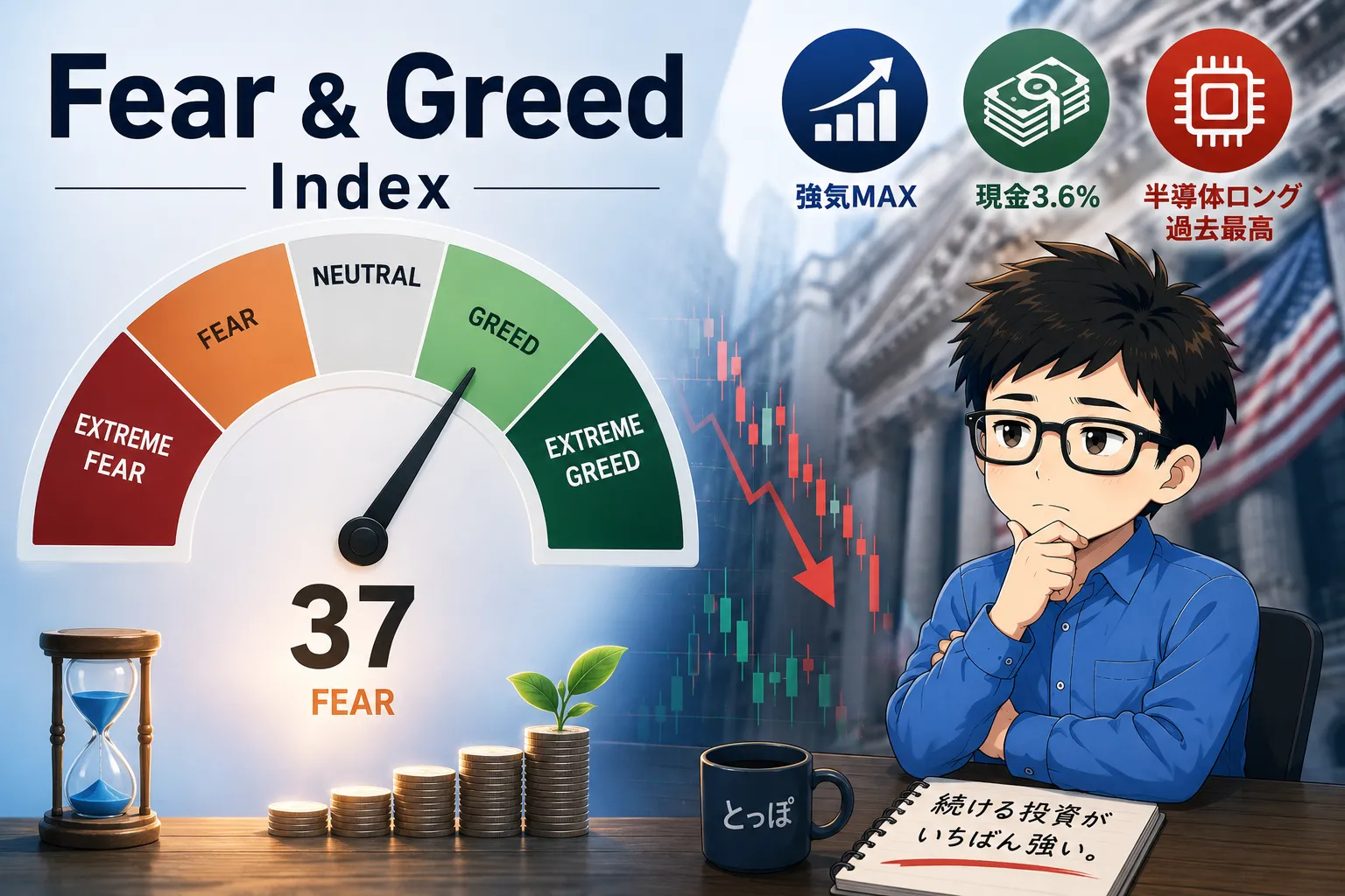 恐怖と強欲指数（CNN Fear & Greed）の見方・使い方｜7つの指標と積立投資家の読み方のアイキャッチ